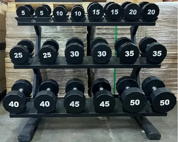 Rack of dumbbells going from light to heavy. Represents progression of lifting weights.