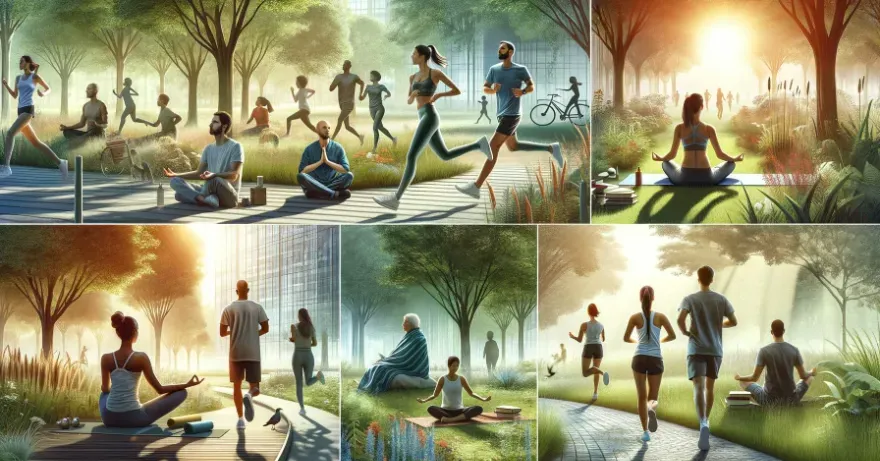 A collage of people practicing different stress management techniques like yoga, meditation, and jogging in a tranquil park setting.