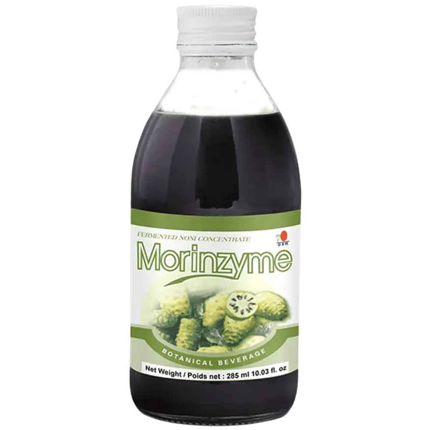 Botella de Morinzyme de DXN, bebida de Noni rica en enzimas naturales para apoyar la salud digestiva.