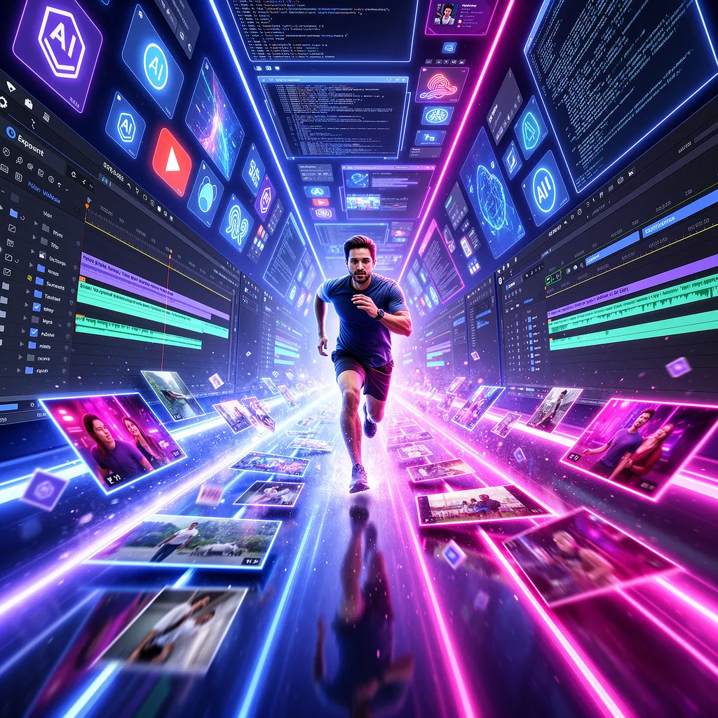 Creator moving through futuristic tunnel of video templates AI tools and editing assets symbolizing fast video creation workflow and mastering video production in minutes