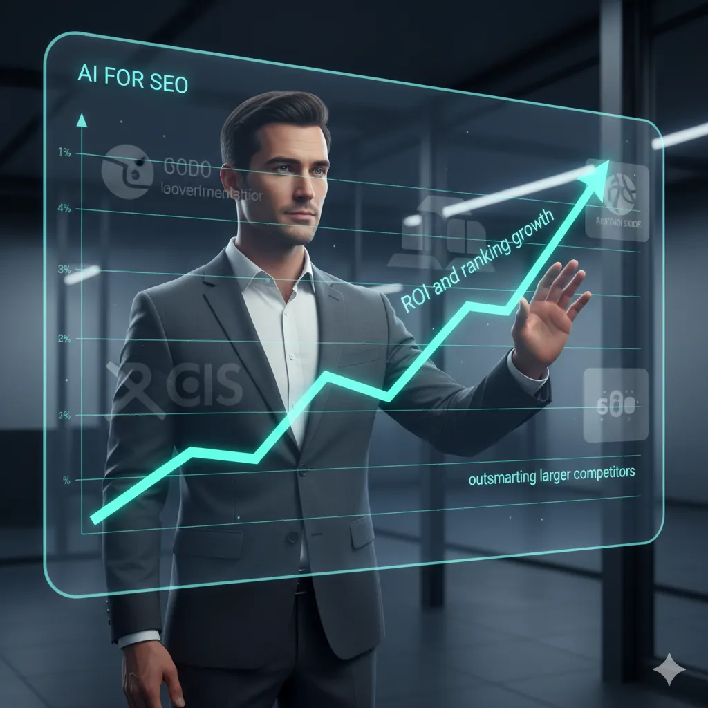 A business strategist uses a futuristic AI dashboard to track SEO performance, showing a graph of their rankings climbing past larger competitors, illustrating a guide on using AI for SEO to achieve ROI-driven growth.
