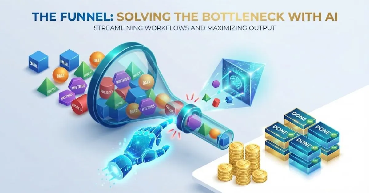 Illustration showing how AI removes bottlenecks in business workflows to increase output.