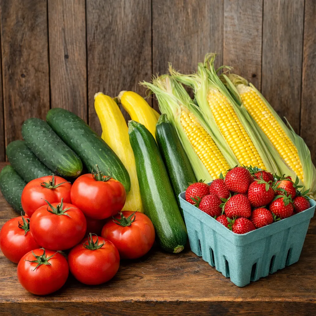 early summer vegetables and strawberries