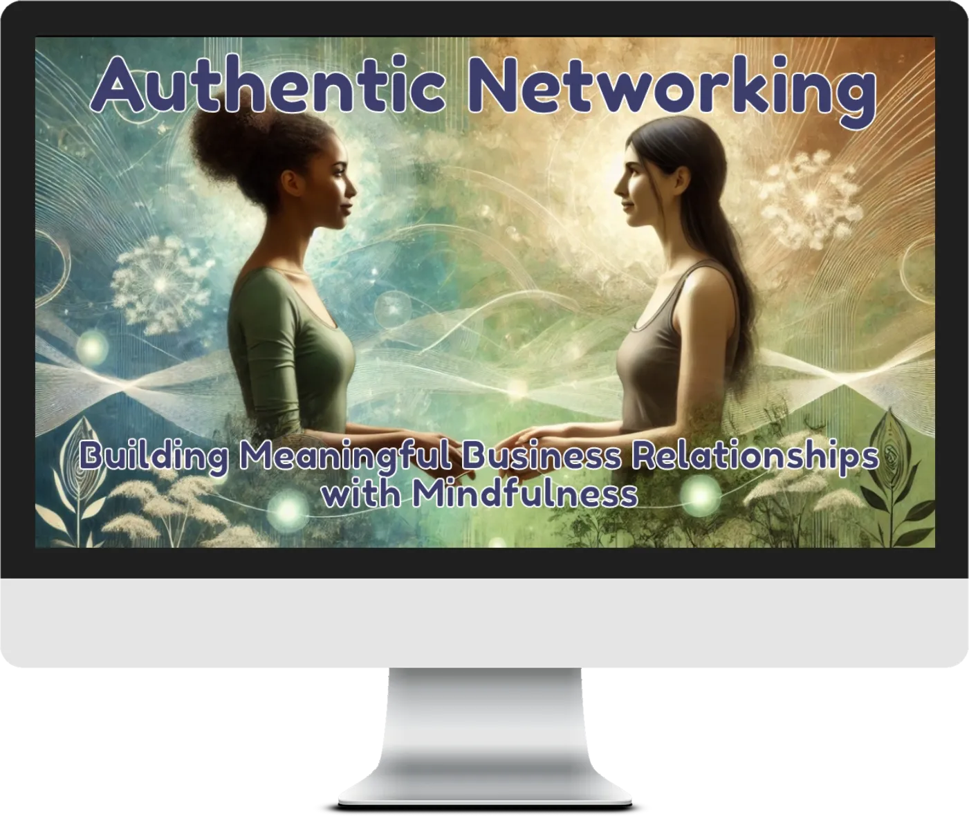 Mock-up of 'Authentic Networking: Building Meaningful Business Relationships with Mindfulness' course displayed on a desktop computer screen, featuring two diverse women engaging in a meaningful handshake, symbolizing trust, empathy, and mindful business connections, set against a serene background with glowing light rays and natural elements.