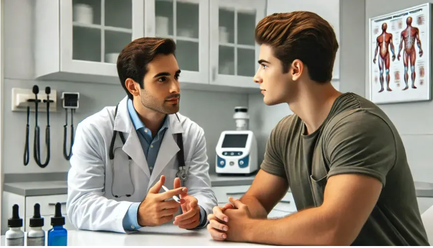 Healthcare professional discussing testosterone replacement therapy with a young male patient.