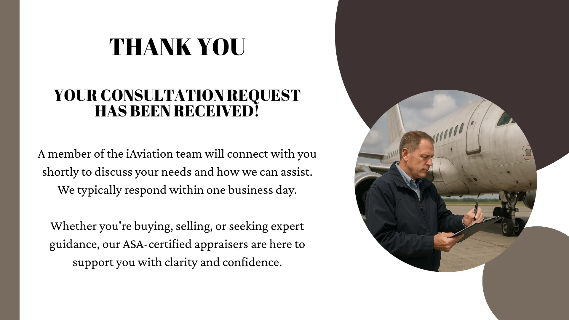 Thank you page with message confirming receipt of an aircraft appraisal inquiry, featuring a professional inspecting an aircraft on the tarmac with a clipboard.