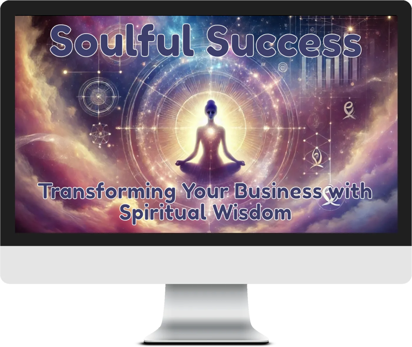 Masterclass mock-up for 'Soulful Success: Transforming Your Business with Spiritual Wisdom' displayed on a desktop, featuring a cosmic background and meditating female figure symbolizing business and spirituality integration.