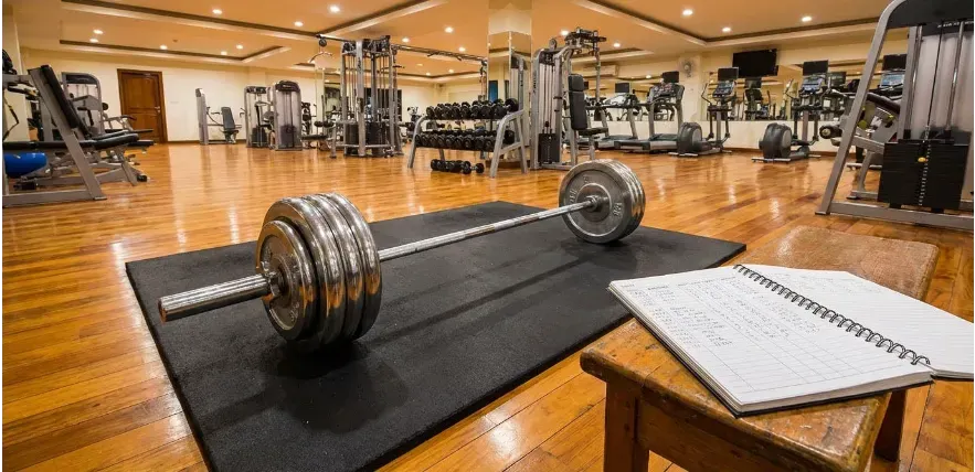 Barbell loaded with weight plates mid-set in a clean gym setting. next to it is a training log notebook showing sets, reps, and weight progression written out