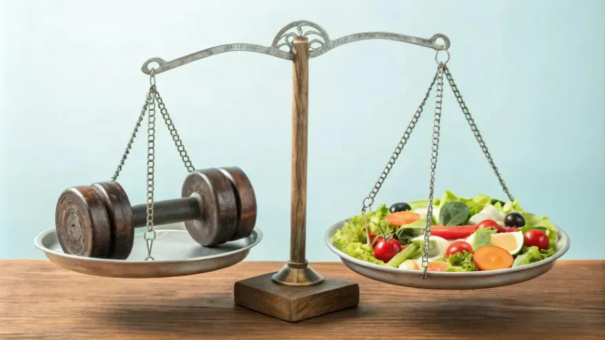 an image of a balanced scale with a modern looking dumbbell on one side and a healthy salad on the other, symbolizing the balance of muscle retention and caloric intake.