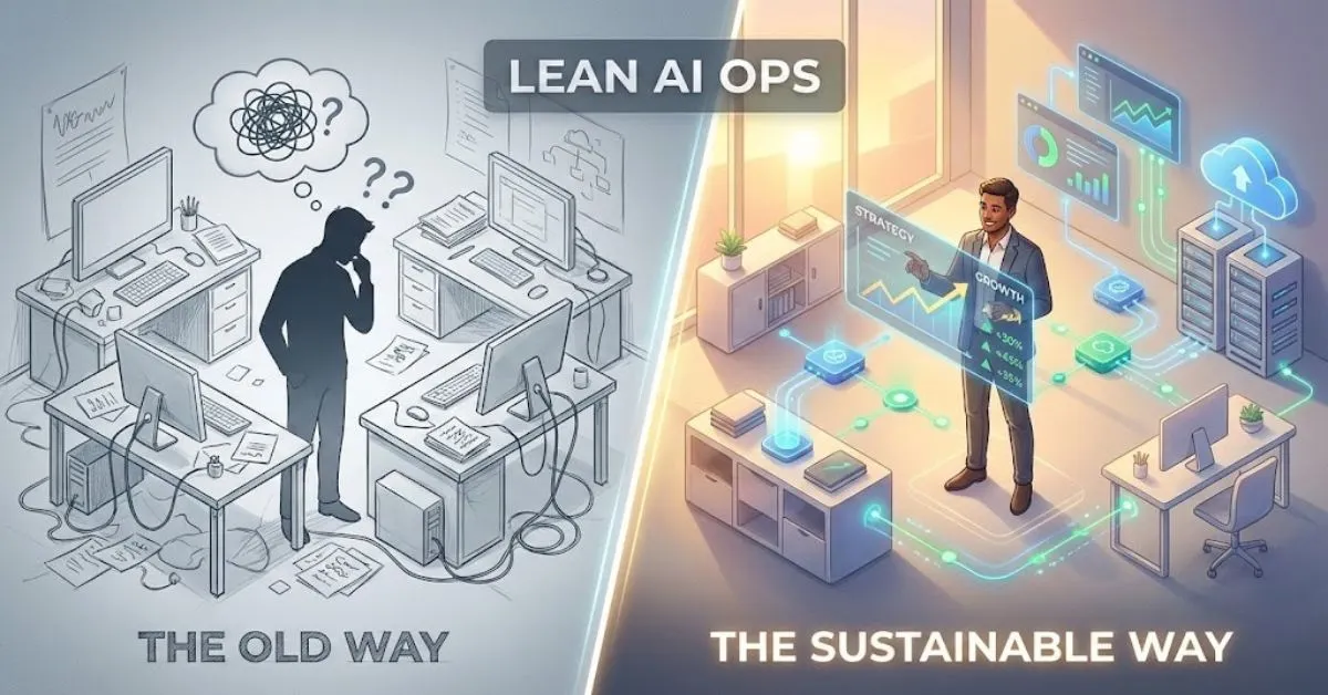 Comparison of chaotic manual work versus a streamlined sustainable business model using AI operations.