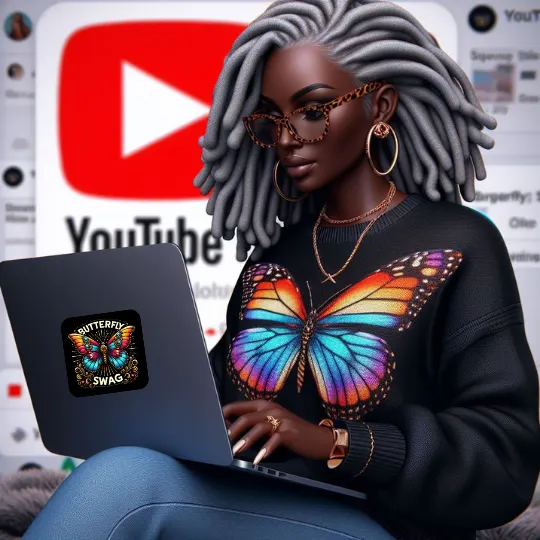 Digital illustration of a stylish woman with gray locs, wearing glasses and a black sweater with a vibrant butterfly design, sitting cross-legged while working on a laptop. She is surrounded by floating butterflies, symbolizing creativity and transformation. The background features a large red 'YouTube' logo, suggesting content creation or social media activity.