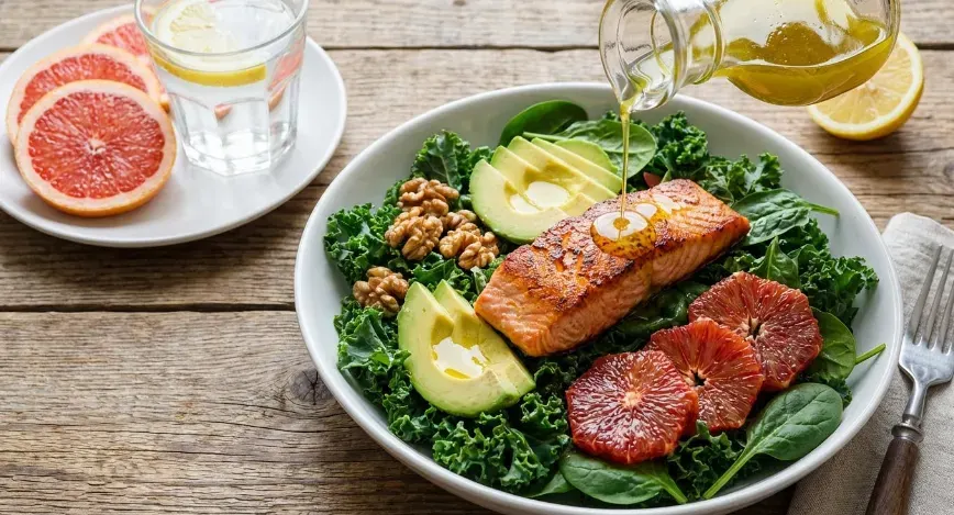 Whole-food meal with healthy fats, leafy greens, and citrus to represent nutrient pairing strategies