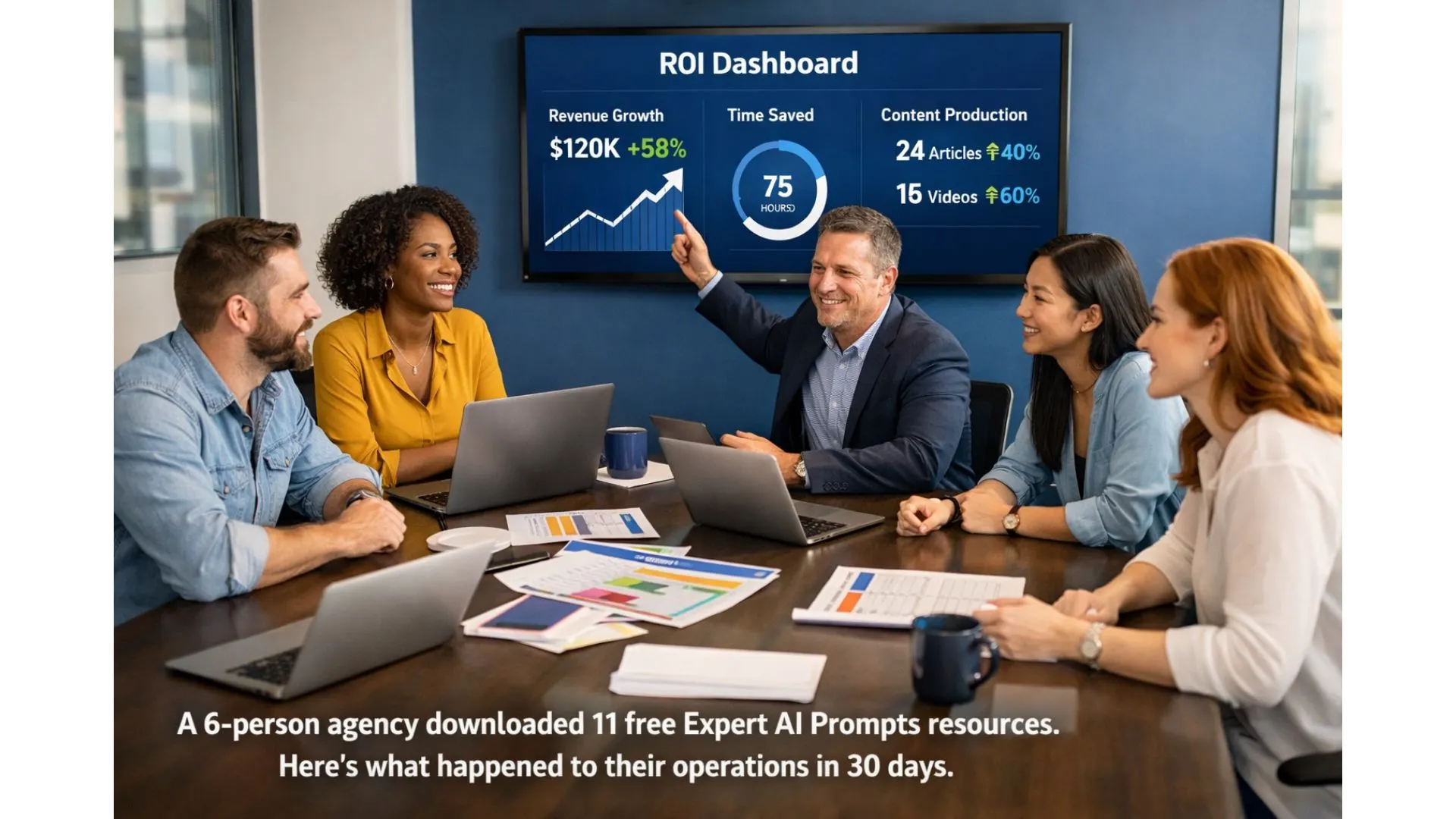 Marketing agency team reviewing AI ROI dashboard results after using 11 Expert AI Prompts free resources 