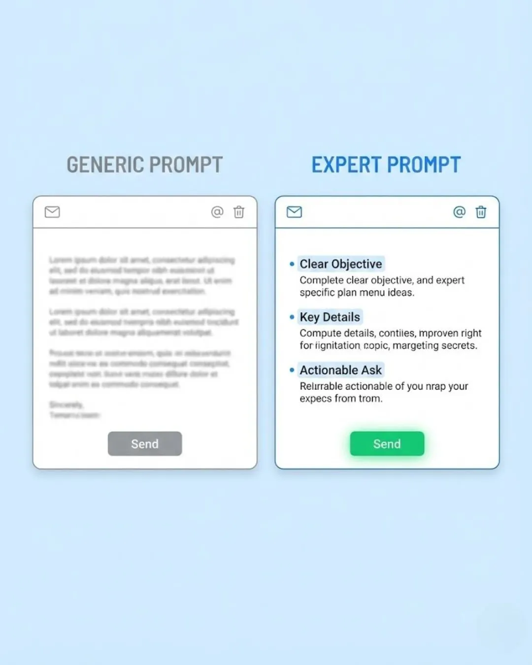 Comparison of a generic, boring email draft versus a professional, high-converting email draft generated by AI.