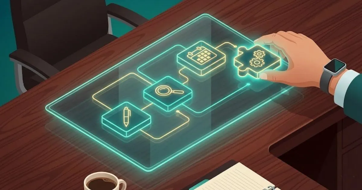 Isometric illustration of an AI workflow system connecting research, writing, and scheduling agents.