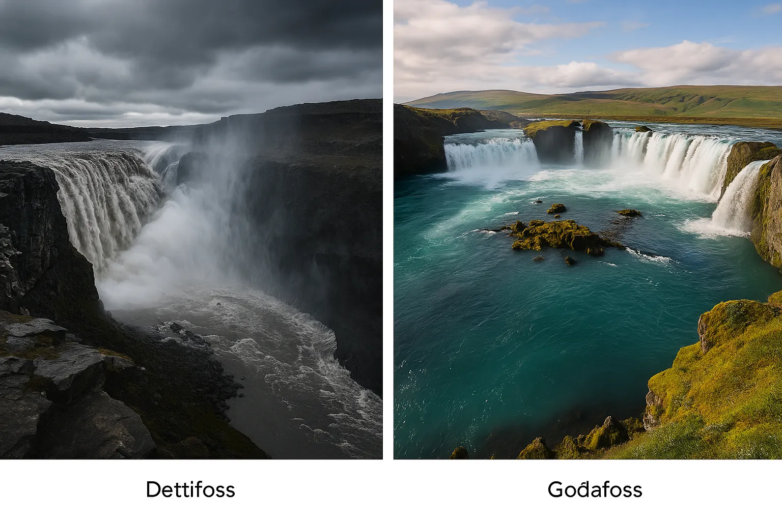 Powerful spray of Dettifoss waterfall plunging into a canyon and Goðafoss waterfall in full flow under the summer sun