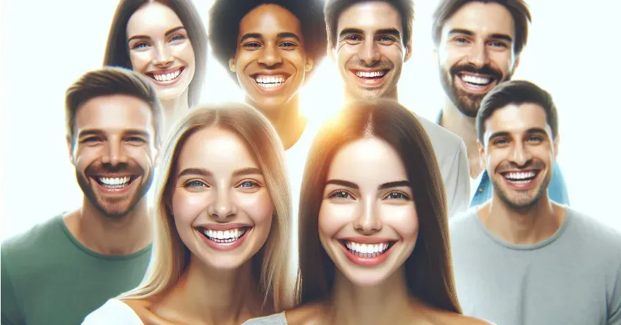 a diverse group of people smiling, set against a light, airy background.