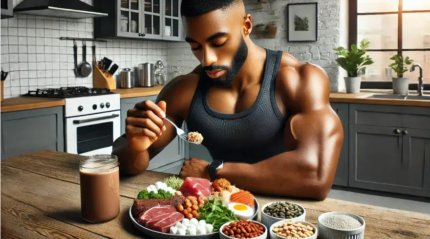 man in gym clothes sitting down at his kitchen table, eating a plate of high-quality protein sources.