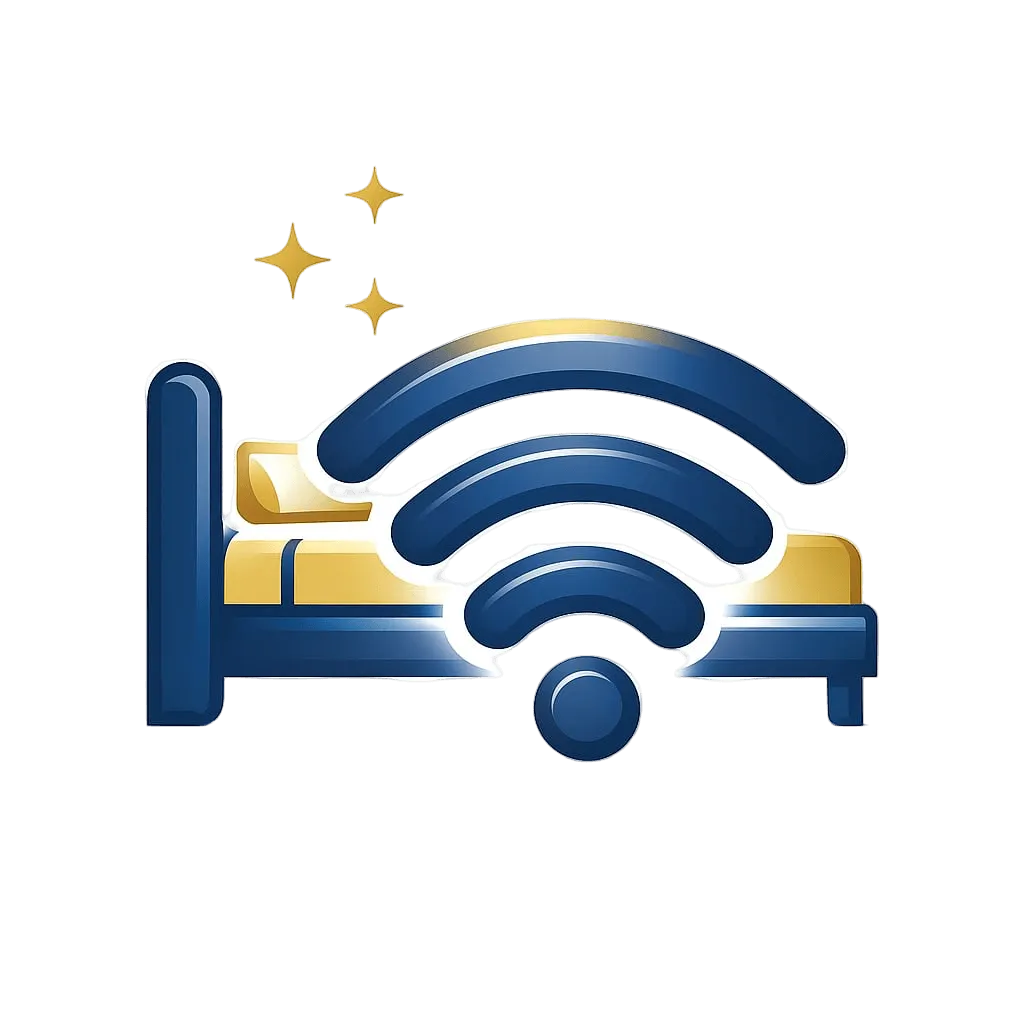 <alt=“Glossy navy blue Wi-Fi symbol layered over a gold and blue bed with gold stars, representing fully furnished and all-inclusive corporate housing.”>