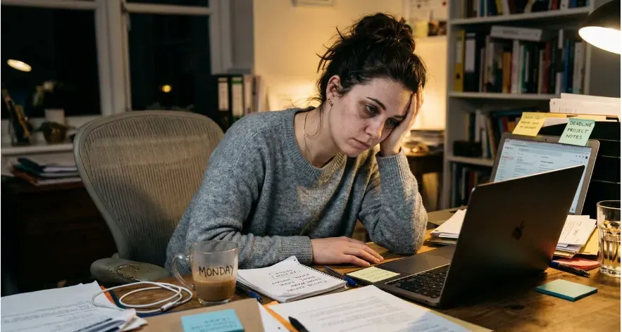 A person sitting at their desk with their cheek in the palm of their hand, looking very tired, stressed, and dejected.