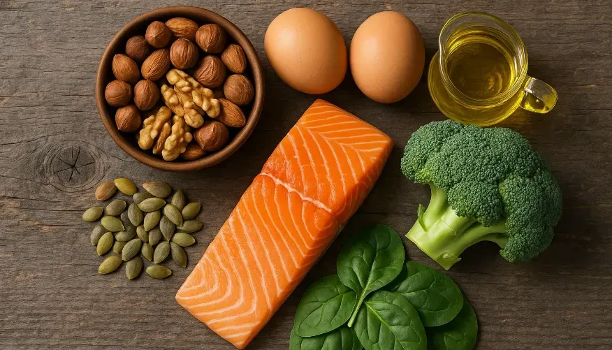 Flat lay of testosterone-boosting foods (eggs, nuts, salmon, broccoli, spinach, pumpkin seeds, and olive oil) on a rustic table.