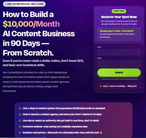 contentryte-multi-site-wordpress-dashboard-traffic-scale-Free Live Masterclass-How to Build a $10,000 Month AI Content Business in 90 Days —From Scratch