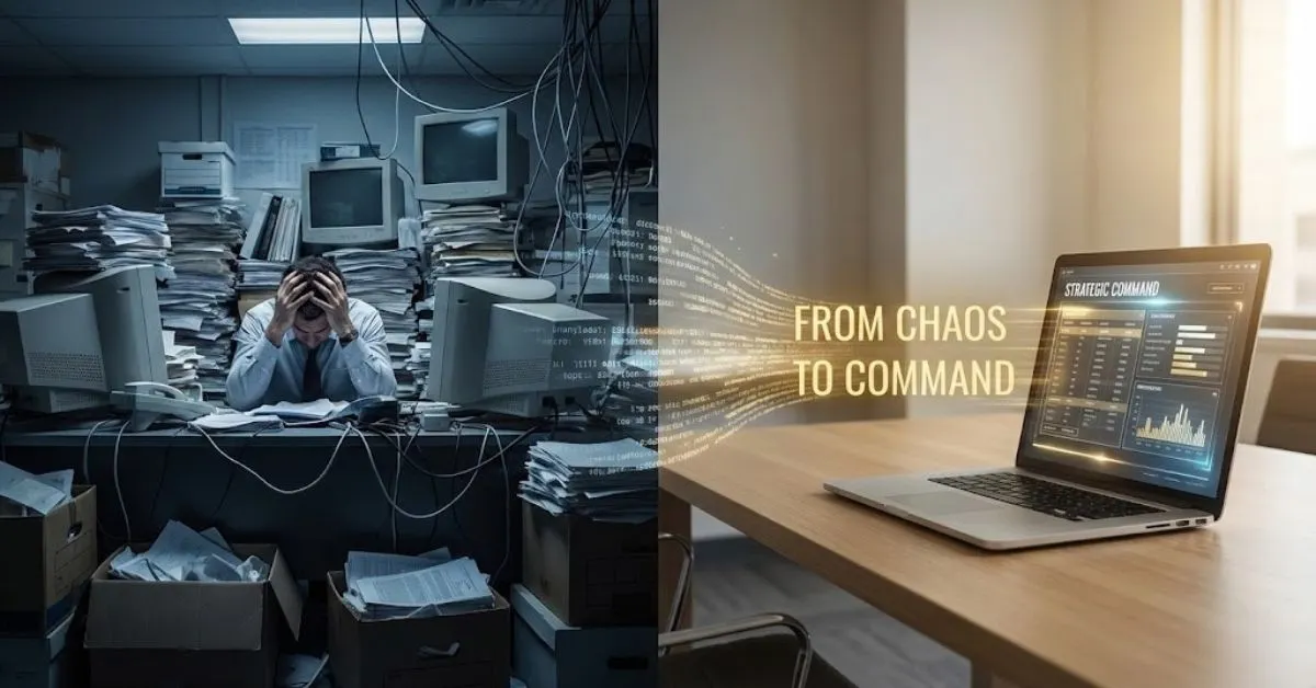 Split screen showing a stressed office worker versus a calm entrepreneur using expert ai prompts.