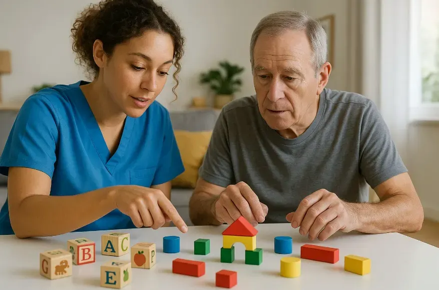A healthcare worker assists an elderly man with colorful building blocks during a cognitive therapy session in a bright, home-like environment.
