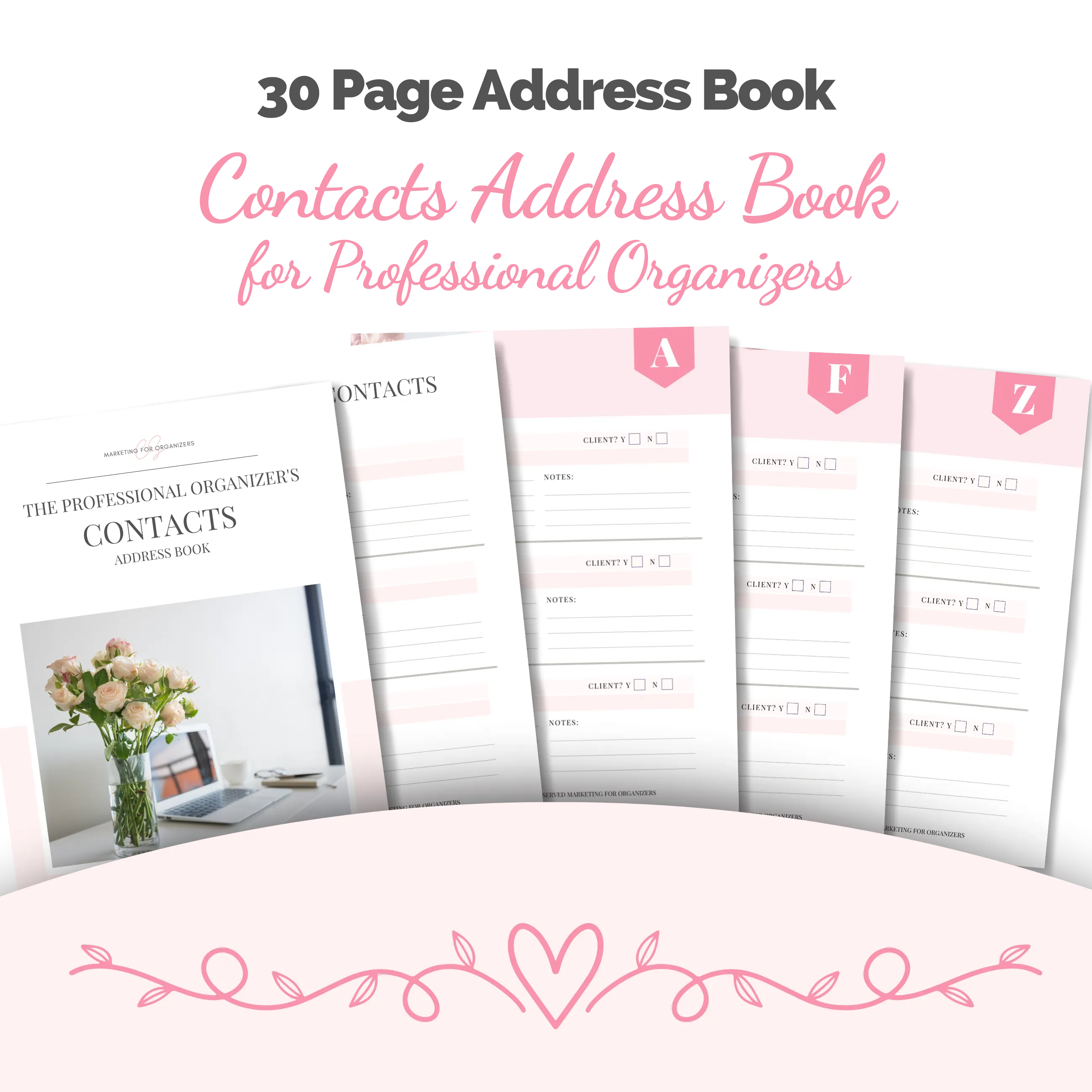 Mockup showing 5 pages of pink and white address book