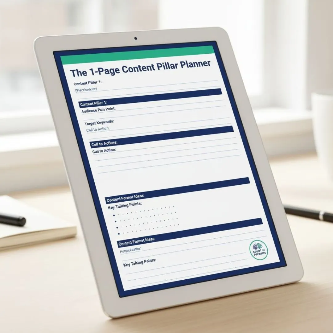 A preview of the 1-Page Content Pillar Planner template from Expert AI Prompts.