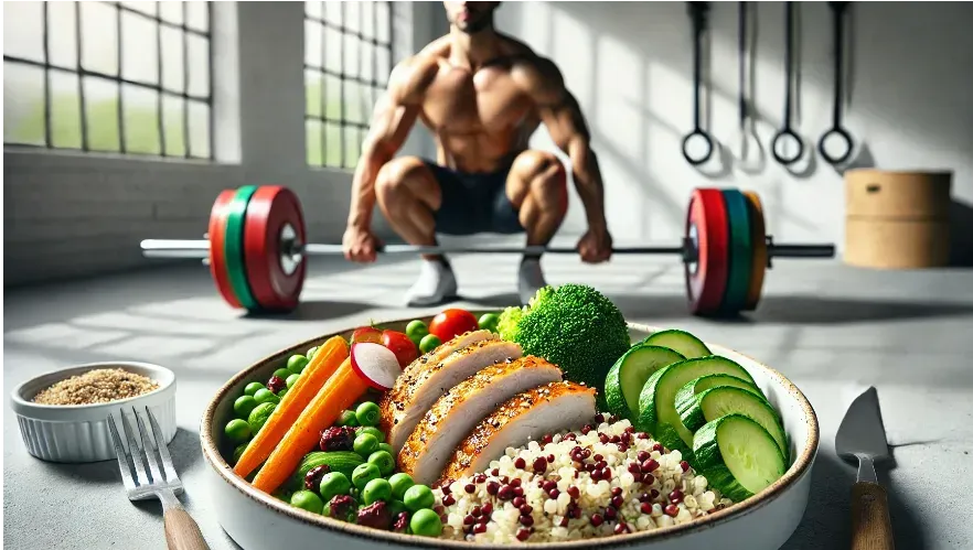 a balanced meal consisting of lean chicken breast, quinoa, and steamed vegetables on a white plate. In the background is a man dong deadlifts.