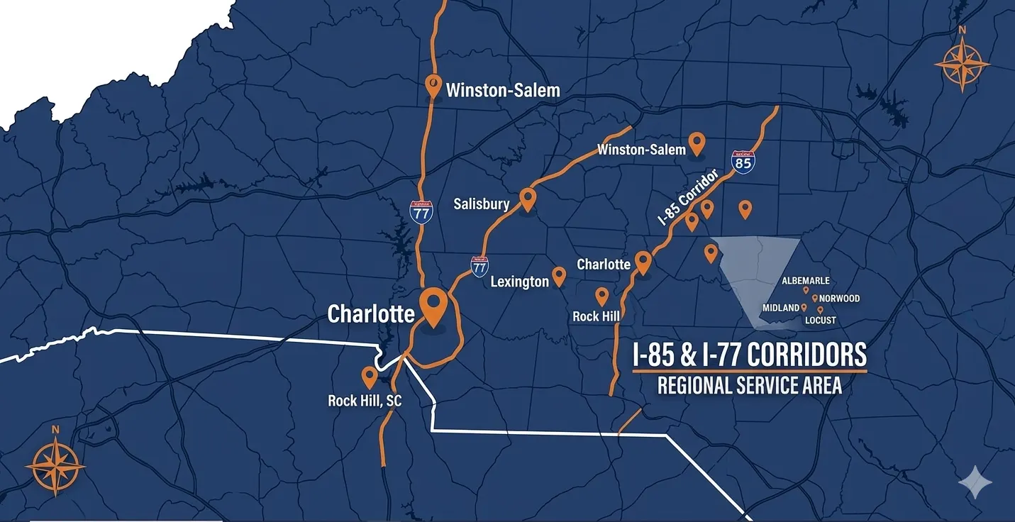 Service area map for Coreman Supply showing coverage across Central North Carolina and the I-85 corridor, including Albemarle, Concord, Salisbury, and Charlotte.