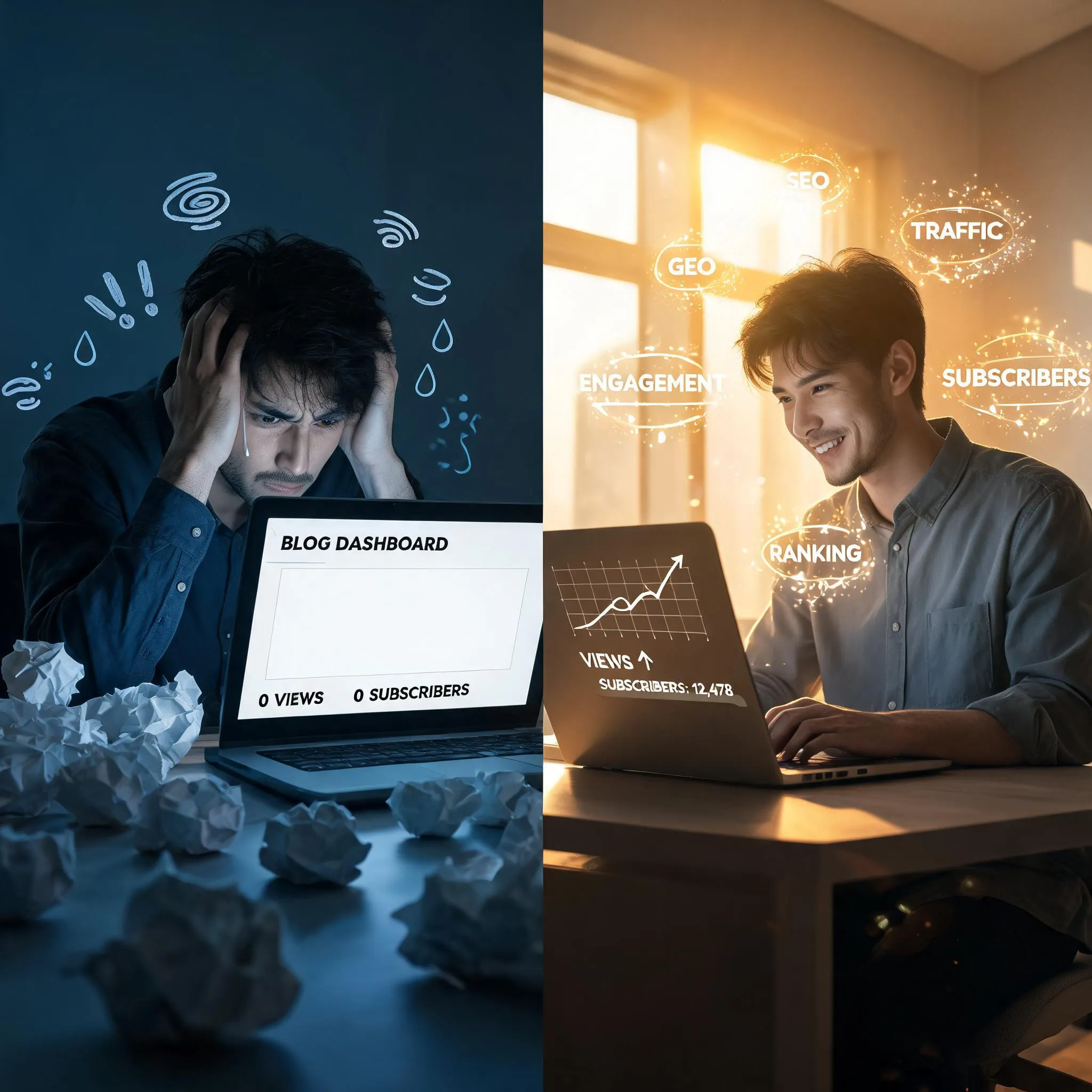 Beginner blogger transitioning from confusion to success, showing before and after transformation of starting a blog in 2026 with SEO growth and monetization progress