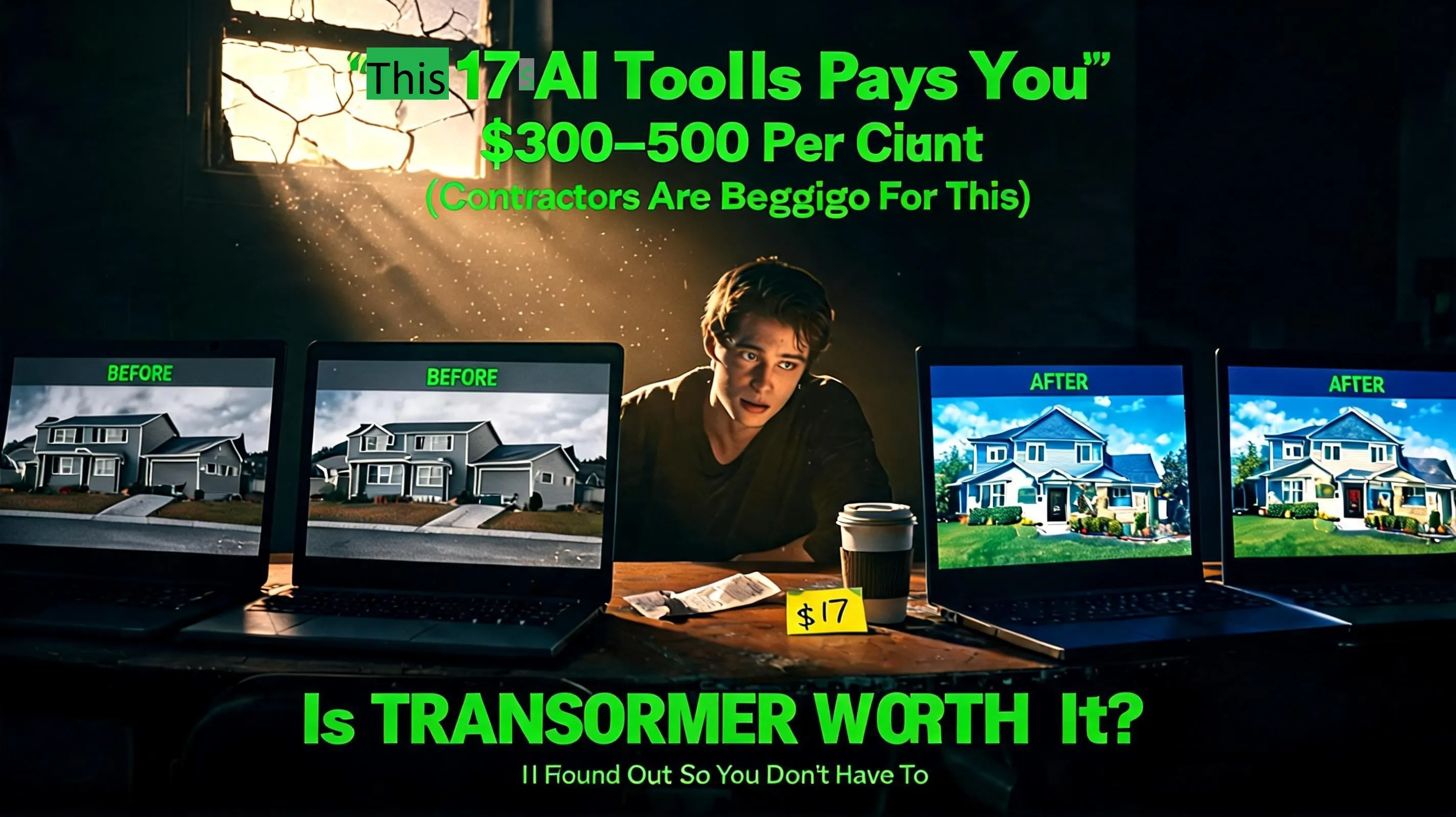 Person discovering TRANSFORMER by Dave Espino — AI property preview business opportunity showing before and after house transformation on laptop screen