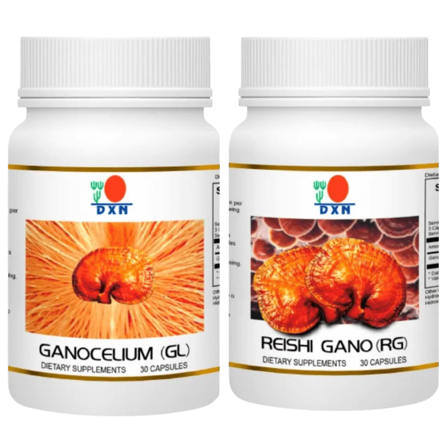 Frascos de Reishi Gano (RG) y Ganocelium (GL), los suplementos de ganoderma puro base de DXN para el equilibrio y la desintoxicación corporal.