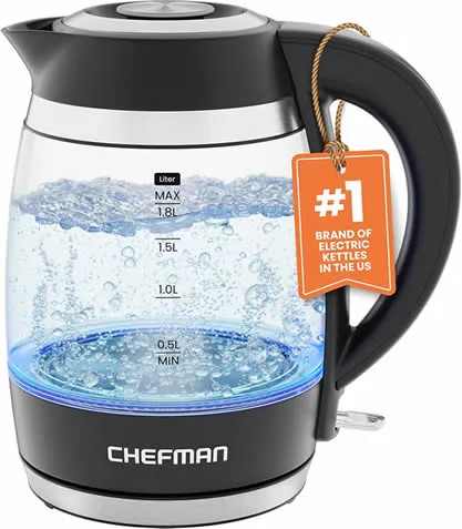 Chefman Electric Kettle, 1.8L 1500W, Hot Water Boiler, Removable Lid for Easy Cleaning, Auto Shut Off, Boil-Dry Protection, Stainless Steel Filter