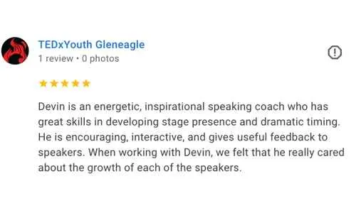 testimonial from tedx for Devin Bisanz online speaking course