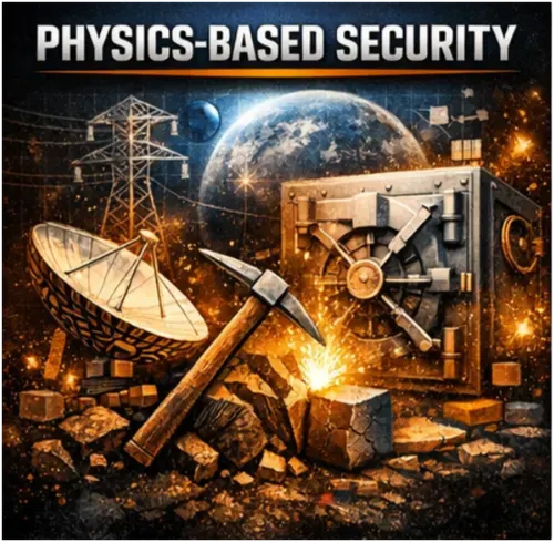 Illustration of Bitcoin’s physics‑based security: energy‑powered mining rigs, an electrical transmission tower, and a protective shield symbolizing Proof‑of‑Work — depicting how Bitcoin converts electricity and hardware into global, tamper‑resistant security.