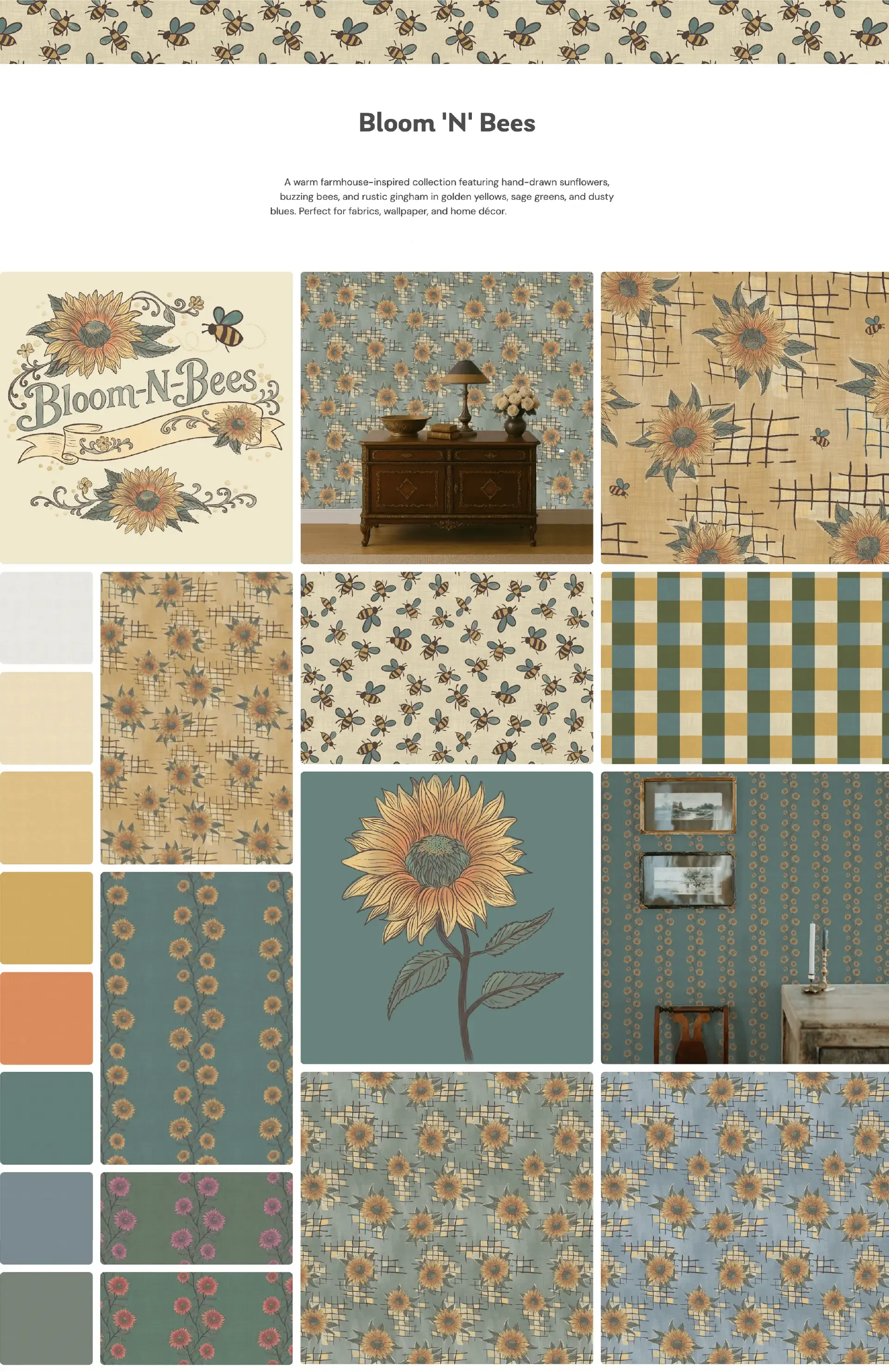 Bloom ’N’ Bees surface pattern collection featuring sunflowers, bees, gingham, and rustic coordinating prints