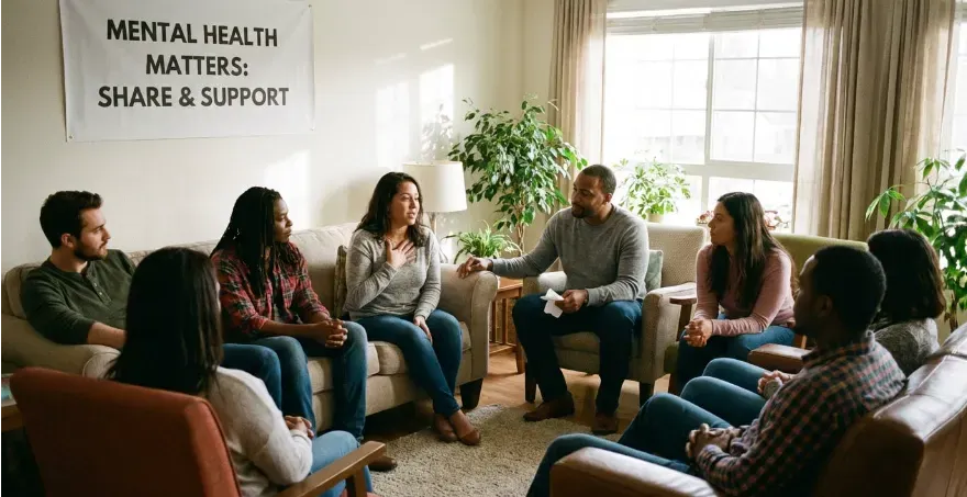 Image of people having an open supportive conversation about mental health and emotional well-being.