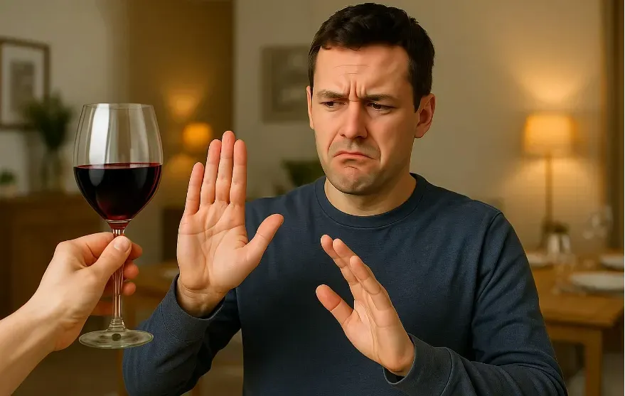 a person being offering a glass of wine and making hand gestures and facial expressions to indicate he is declining the wine.