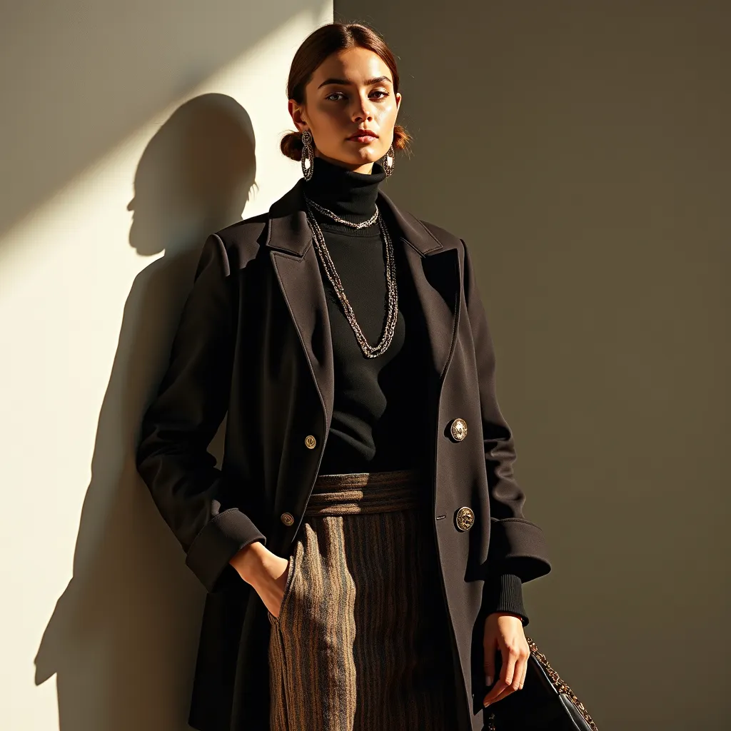 White model wearing coat and trousers outfit