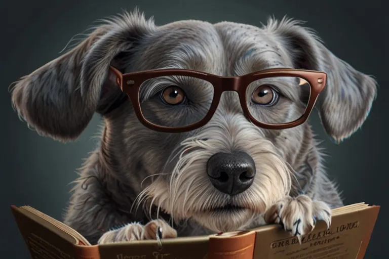Older gray dog with glasses reading a book, symbolizing senior pet care services. Promotes “The Golden Years” package offering support and guidance for aging dogs and their owners.