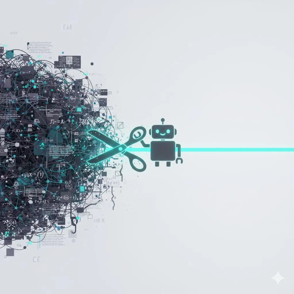 A graphic showing an AI cutting through complex jargon, demonstrating the concept of AI for beginners and making it easy to understand.