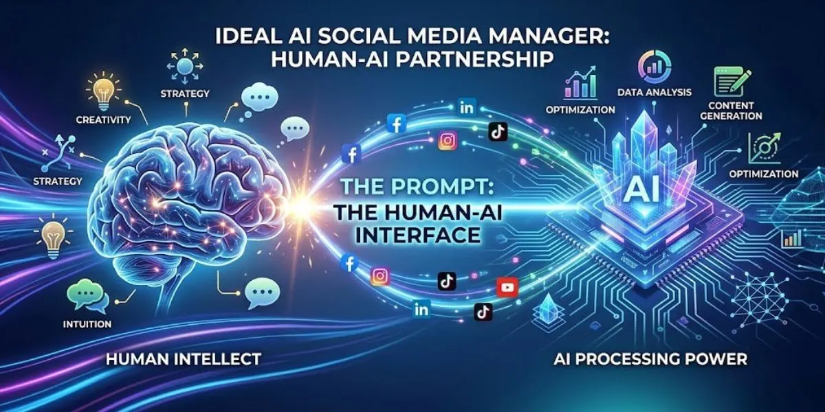A graphic showing a human brain and an AI processor working together, representing the ideal AI social media manager as a human-AI partnership.