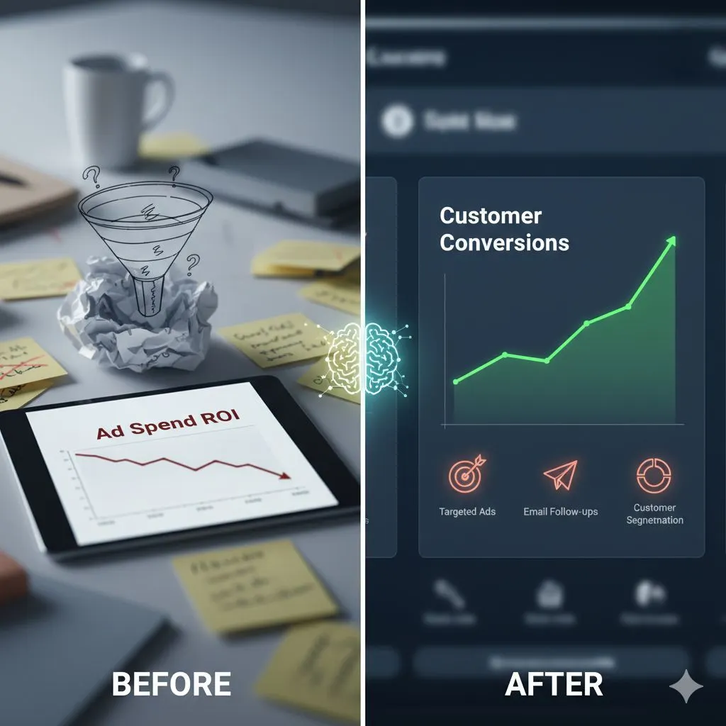 An infographic contrasting chaotic marketing with AI-powered advertising and sales automation. The left side shows a declining graph representing wasted ad spend, while the right side shows a clean dashboard with a rising graph, illustrating how using AI for sales and marketing boosts customer conversions and ROI.