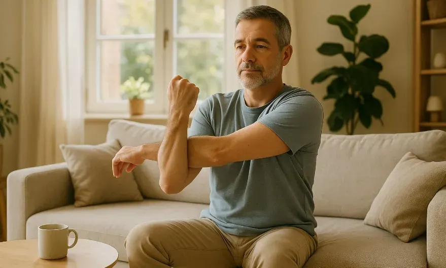 Person over 50 doing seated stretching at home for blood pressure