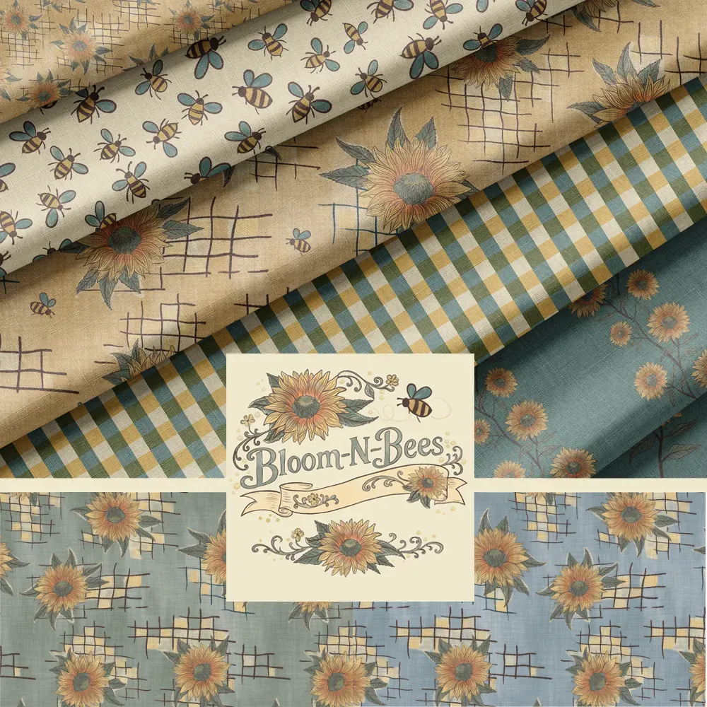 Bloom ’N’ Bees surface pattern collection featuring sunflowers, bees, gingham, and rustic coordinating prints in warm vintage tones by Brayberry Design.