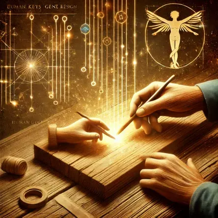 A warm, symbolic digital artwork of a handcrafted wooden table with open Human Design and Gene Keys materials, representing father-son conversations, legacy, and sacred space for learning