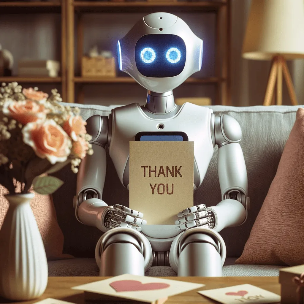 robot holding a thank you sign